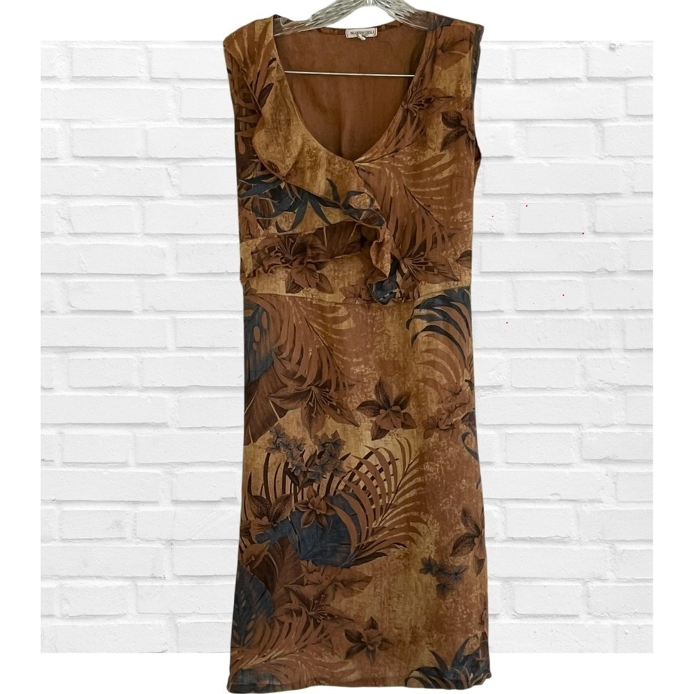 Vintage 80’s Maria Gigli Italy Linen Dress Floral Earth Brown Blue Tropical Sz L - Picture 1 of 14